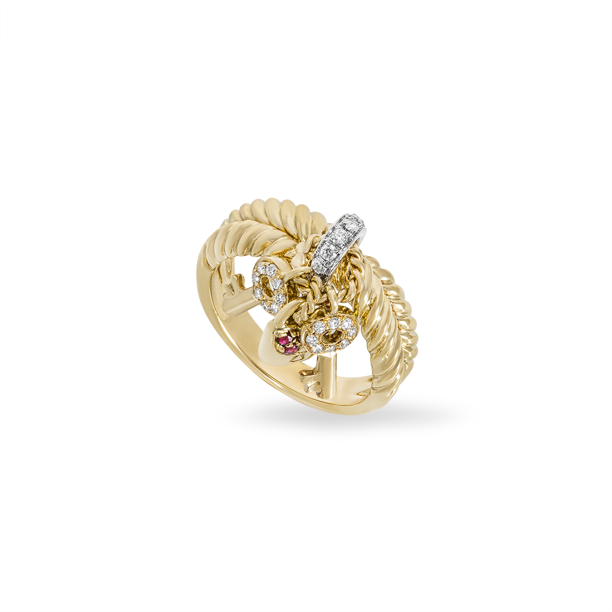 Yellow Gold Ruby & Diamond Key & Lock Ring | Rich Diamonds